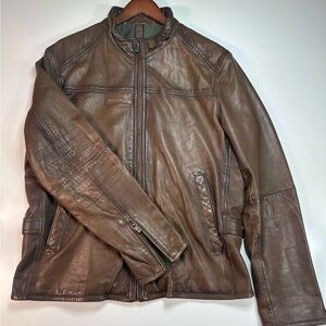 Massimo Dutti XL Brown Genuine Leather Moto Jacket Slim Fit Euro Style